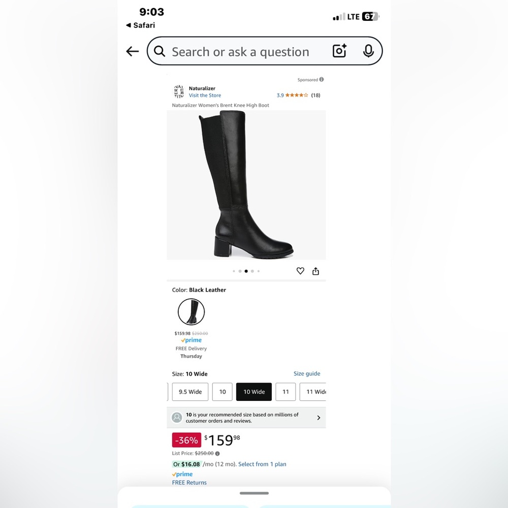 Naturalizer, Brent Knee, black leather tall boots, sz 10. New, Never worn